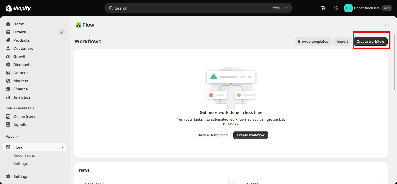The Shopify Flow workflows page with the Create workflow button highlighted