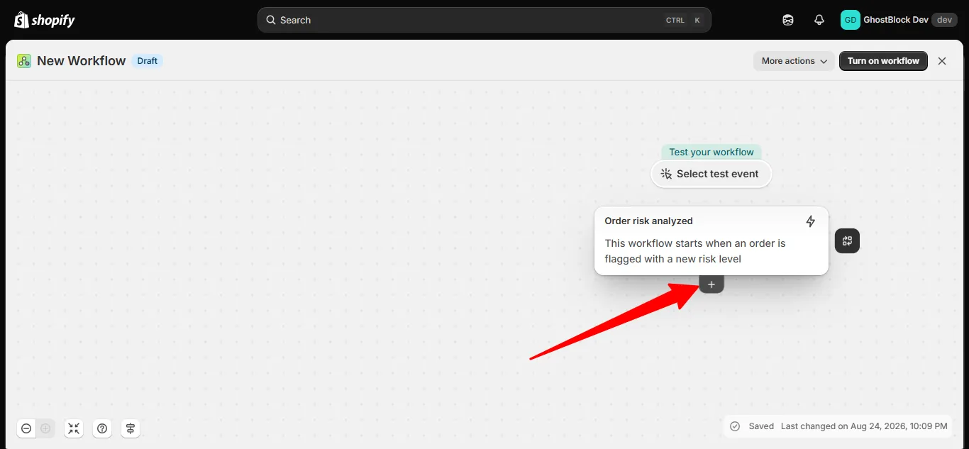 The Flow canvas with the plus button under the trigger card highlighted