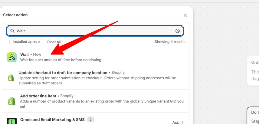 The Select action panel with the Wait action highlighted