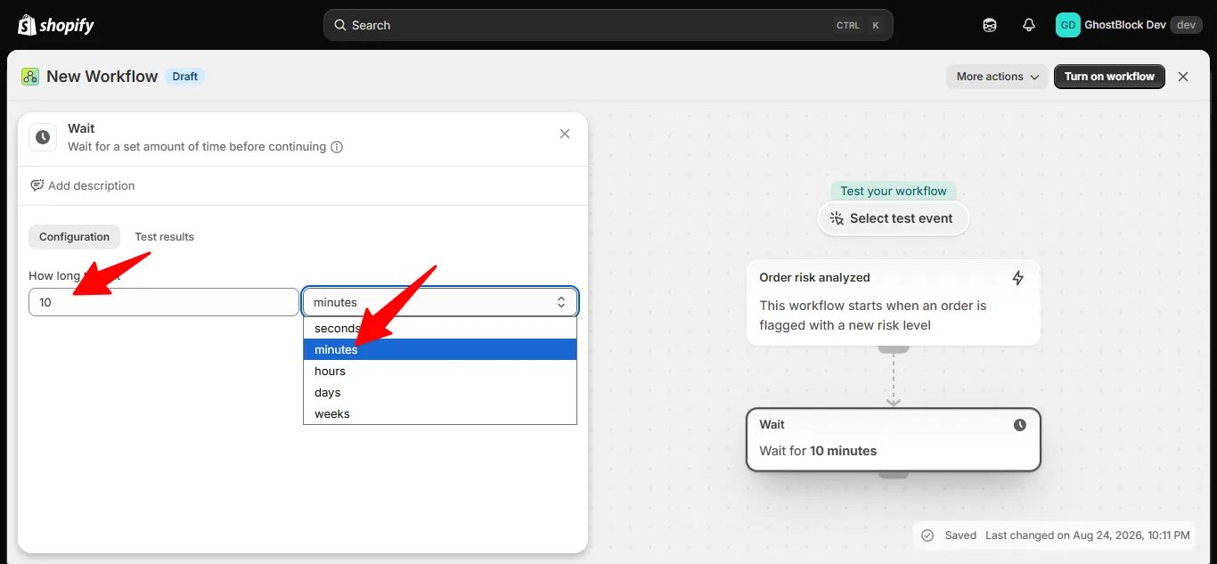 The Wait step configured for 10 minutes