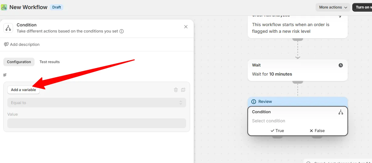 The Condition configuration panel with the Add a variable button highlighted