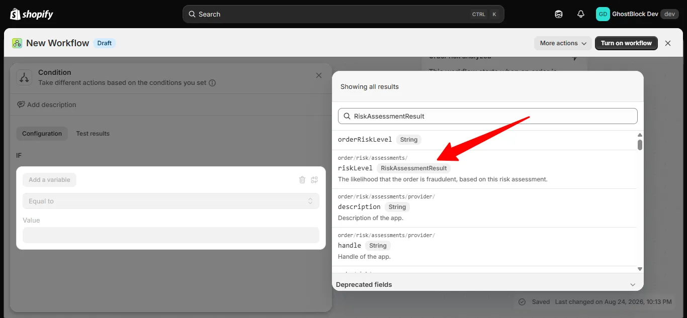 The variable search showing riskLevel under order risk assessments
