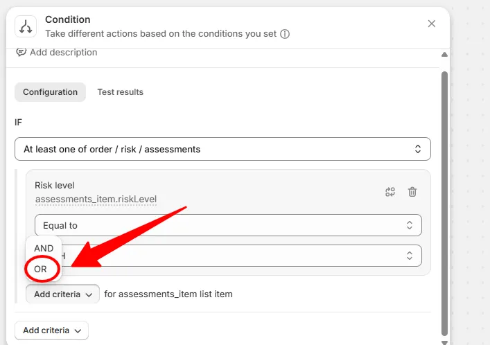 The AND / OR dropdown with OR selected