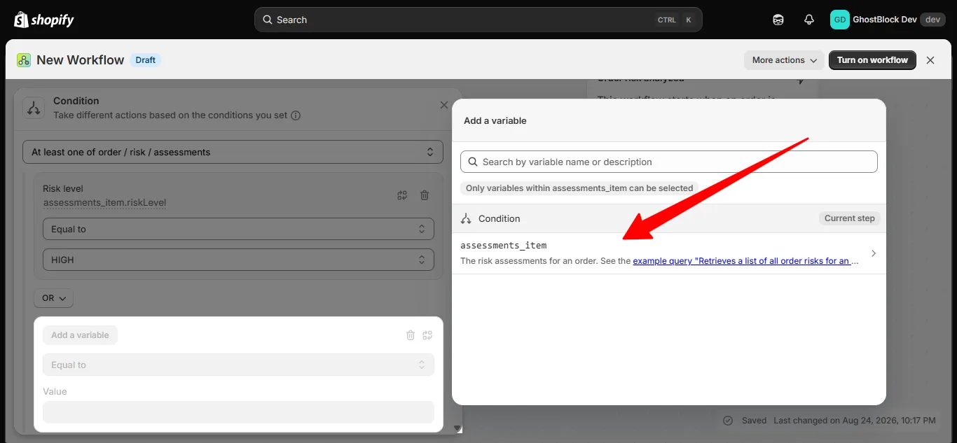 The Add a variable panel with assessments_item highlighted
