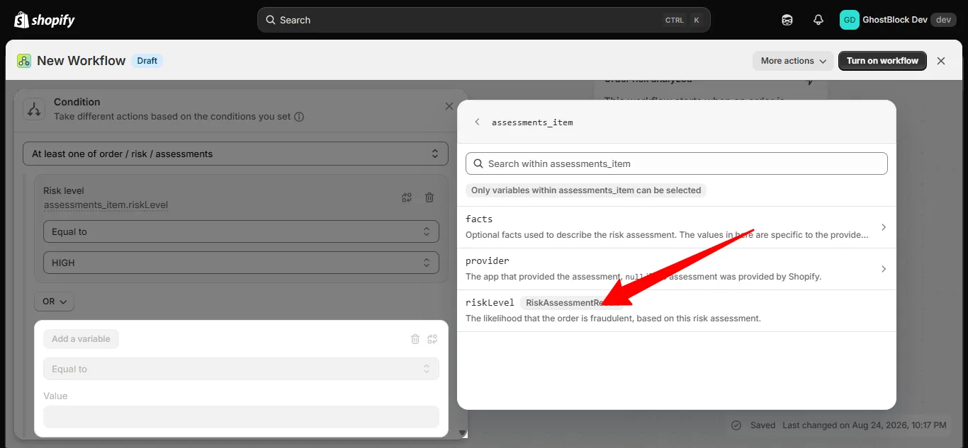 The assessments_item variable list with riskLevel highlighted