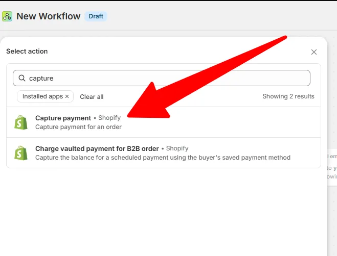 The Select action panel with the Capture payment action highlighted