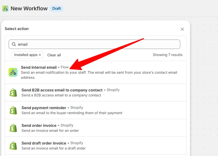 The Select action panel with the Send internal email action highlighted